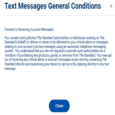 Text Messages General Conditions window showing consent information for receiving account messages, with a Close button to return to the previous screen.