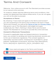 Terms and Consent screen with the “I accept the Text Messages General Conditions” checkbox highlighted for selection before continuing.