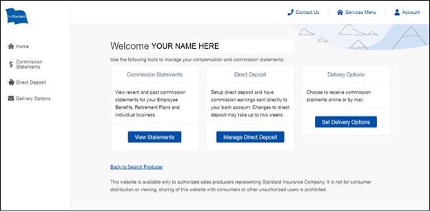 Screenshot of the producer portal and the three tools to manage compensation and commission statements: Commission Statements, Direct Deposit and Delivery Options