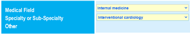 A web interface with "Internal medicine" selected for Medical Field and "Interventional cardiology" selected for Specialty or Sub-Specialty