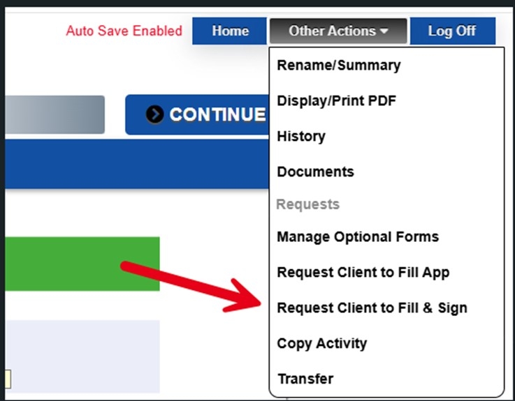 menu with request client to fill and sign option highlighted by a red arrow