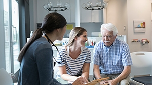 Thumbnail photo of a doctor, patient and visitor in the hospital