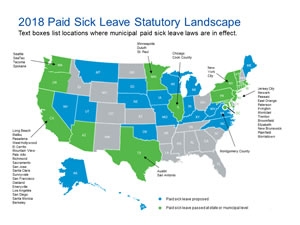 Thumbnail image of U.S. map where municipal paid sick leave laws are in effect